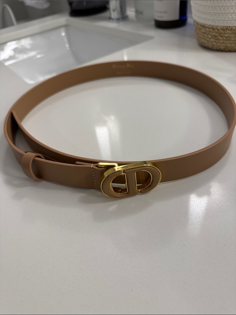 Dior Tan Leather Belt with Gold CD Logo Buckle